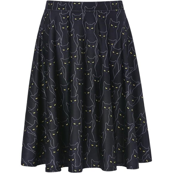 Women's Midi Skirt Skater Skirt Knee Length High Waist Fun Prints Black Cats